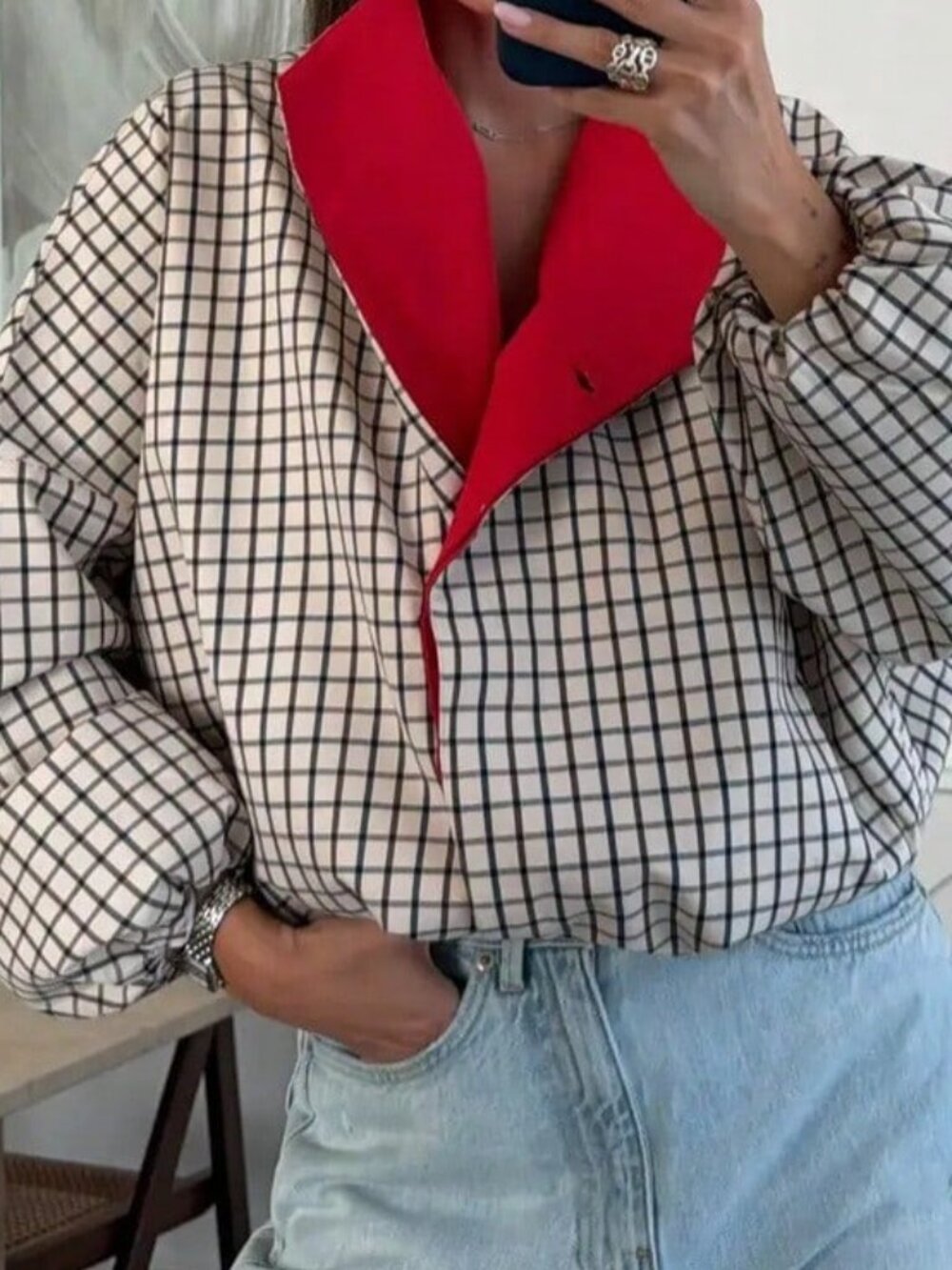 White Casual Women's Loose Plaid Bishop Sleeve Zipper Crop Jacket